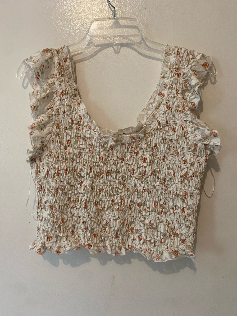 Smocked Floral Ruffle Crop Top - White with Rust Floral